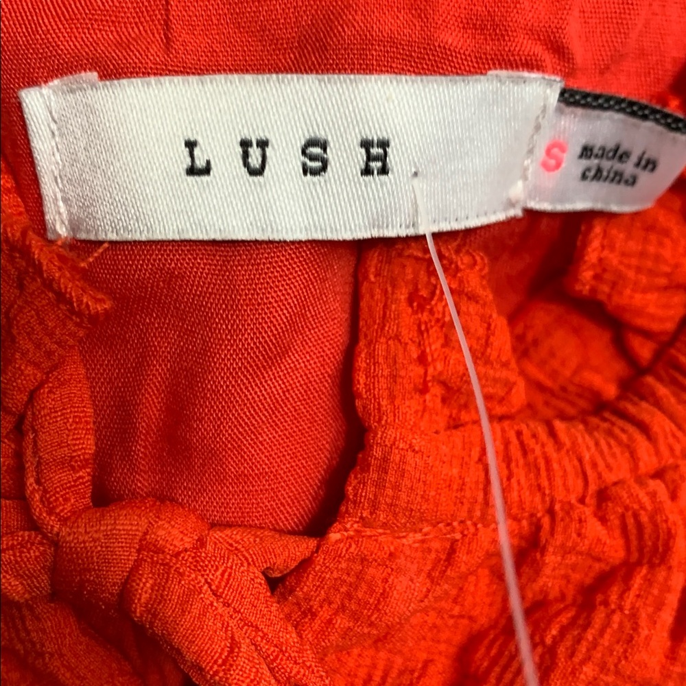 Lush Red Ruffled Smocked Sweetheart Neckline Candy Red Tie-Front Crop Top Size S - Picture 4 of 10